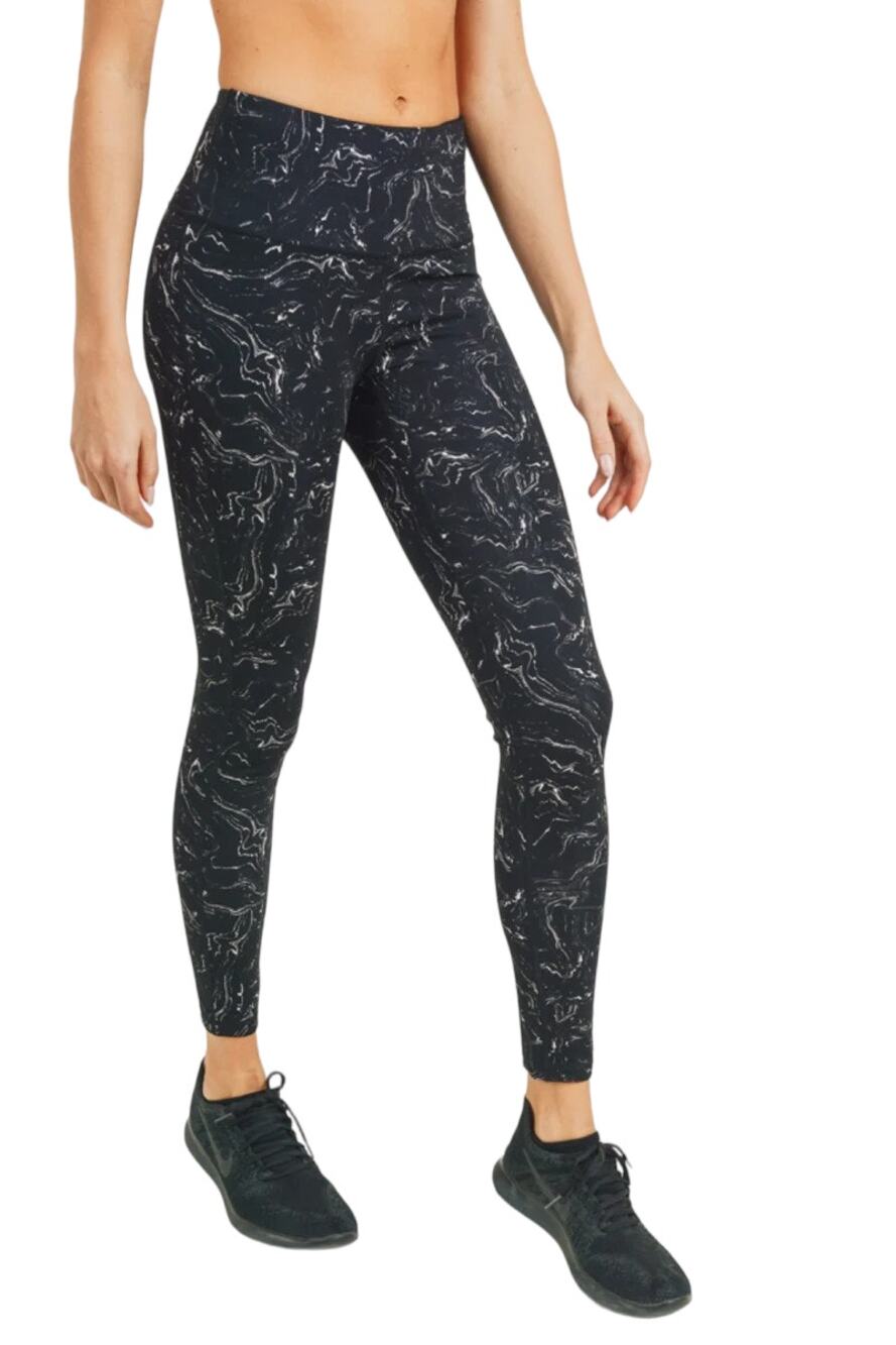 Mono B Black White Marble Swirl Nylon Blend Mid-Rise Athletic Leggings Size L
